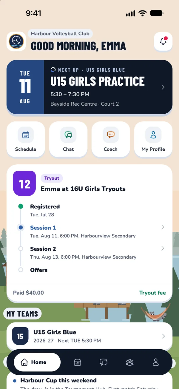 ClubHub app, an athlete's home with their tryout progress