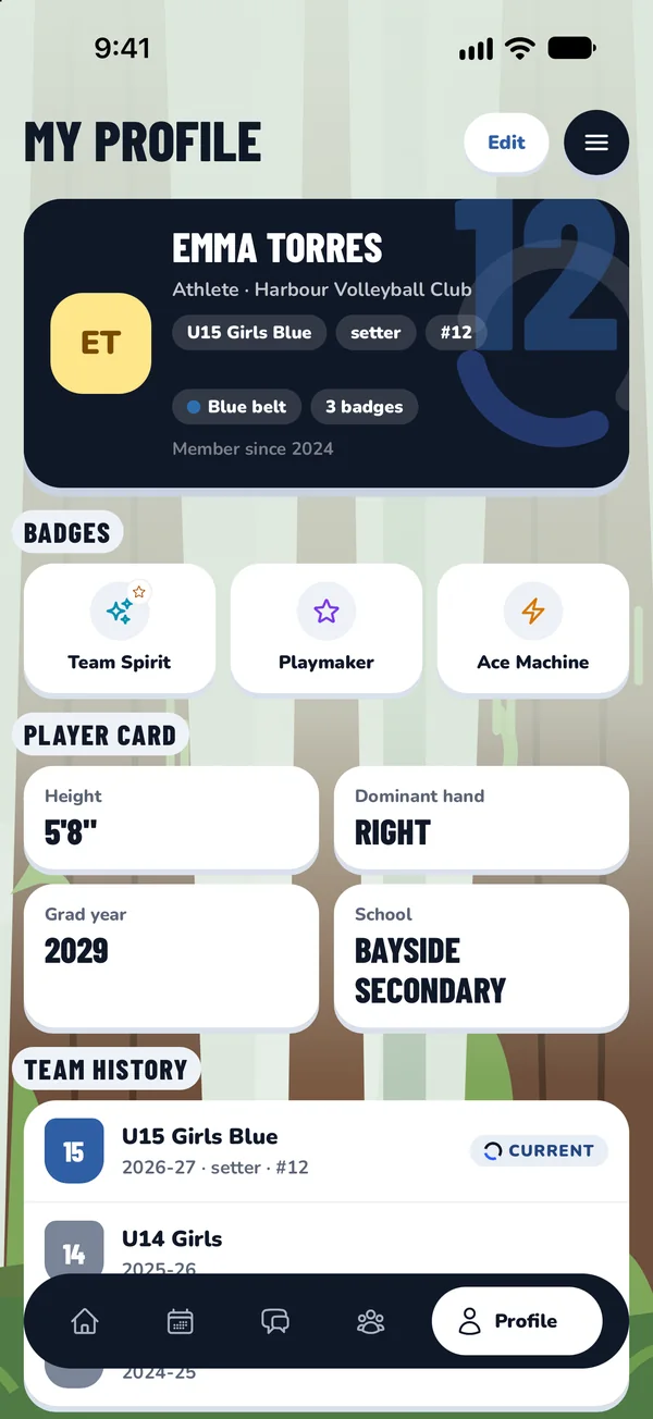 ClubHub app, an athlete's player card