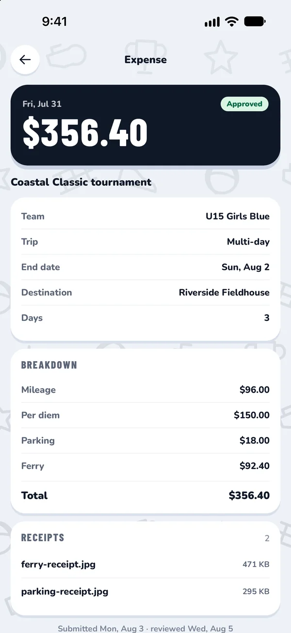 ClubHub app, expenses