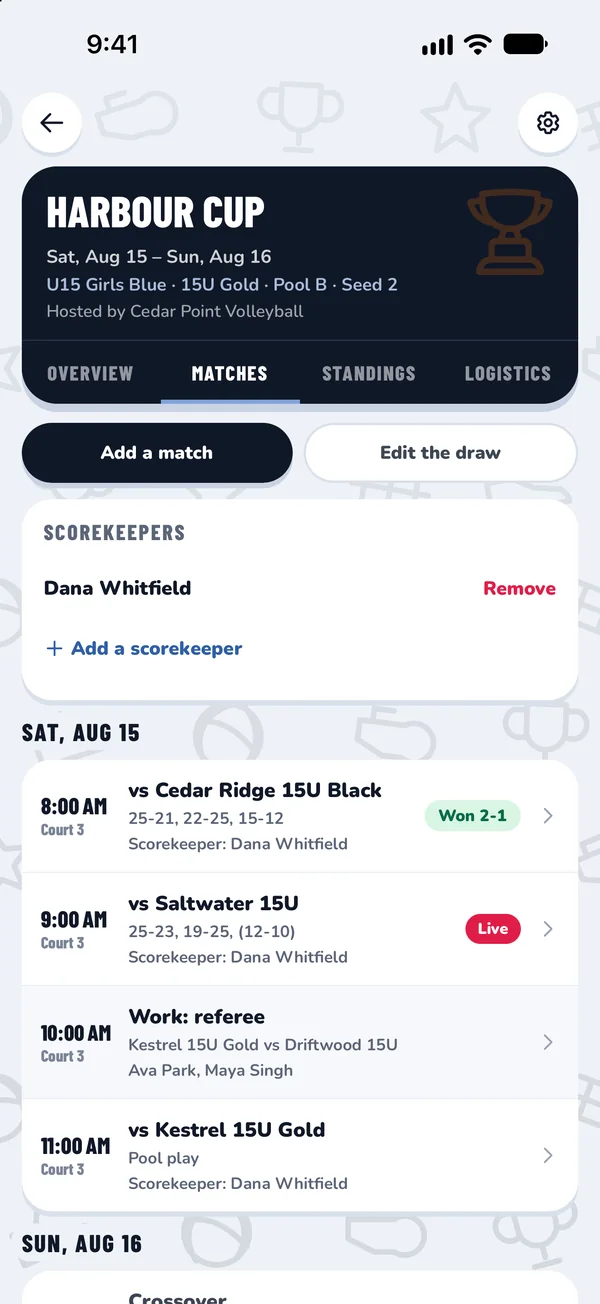 ClubHub app, a tournament's matches with a live score