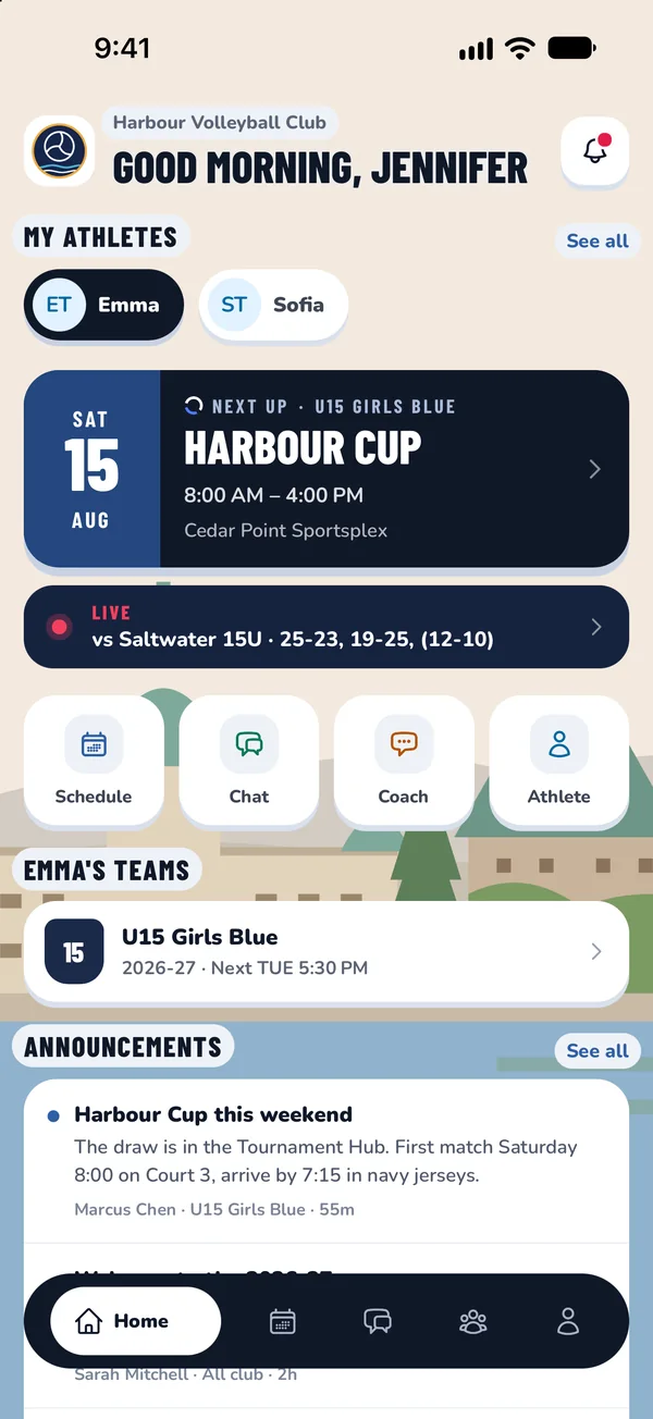 ClubHub app, a parent's home on tournament day
