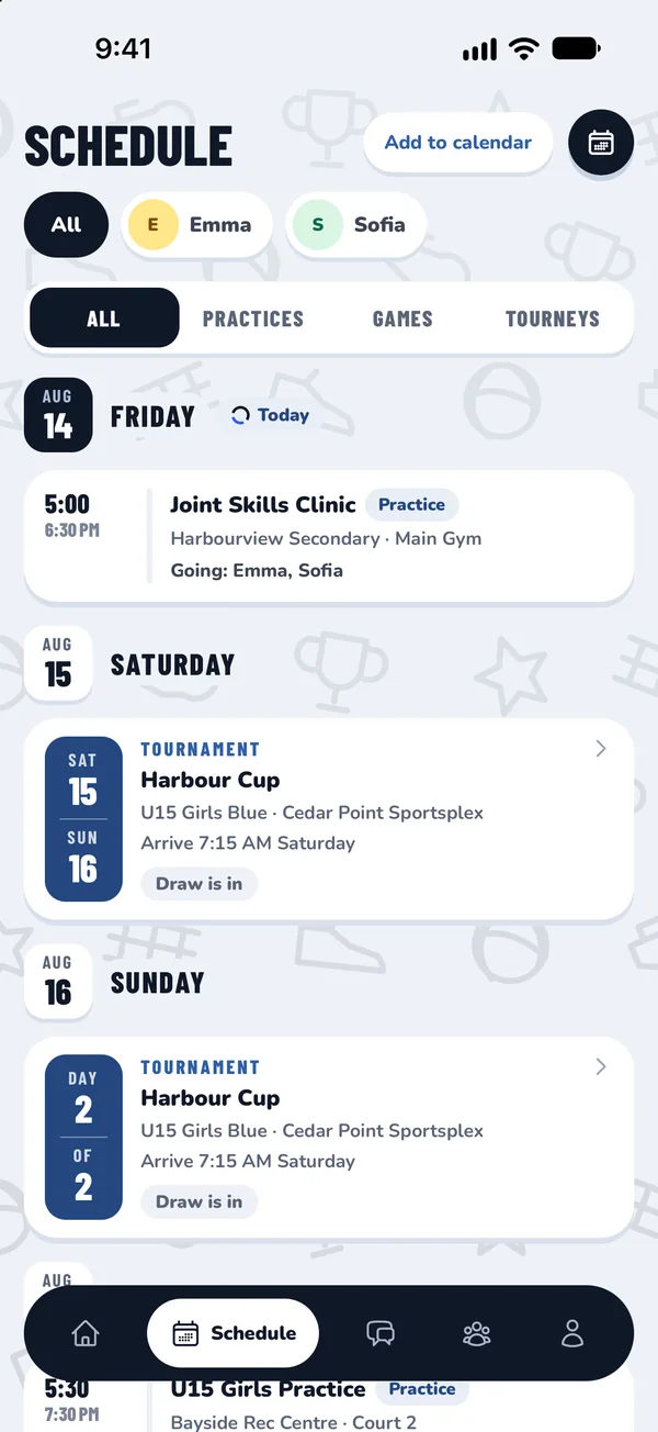 ClubHub app, one schedule for two athletes