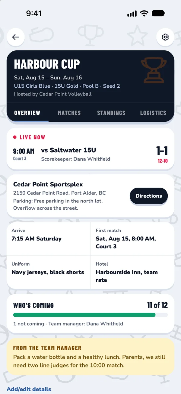 ClubHub app, the Tournament Hub on game day