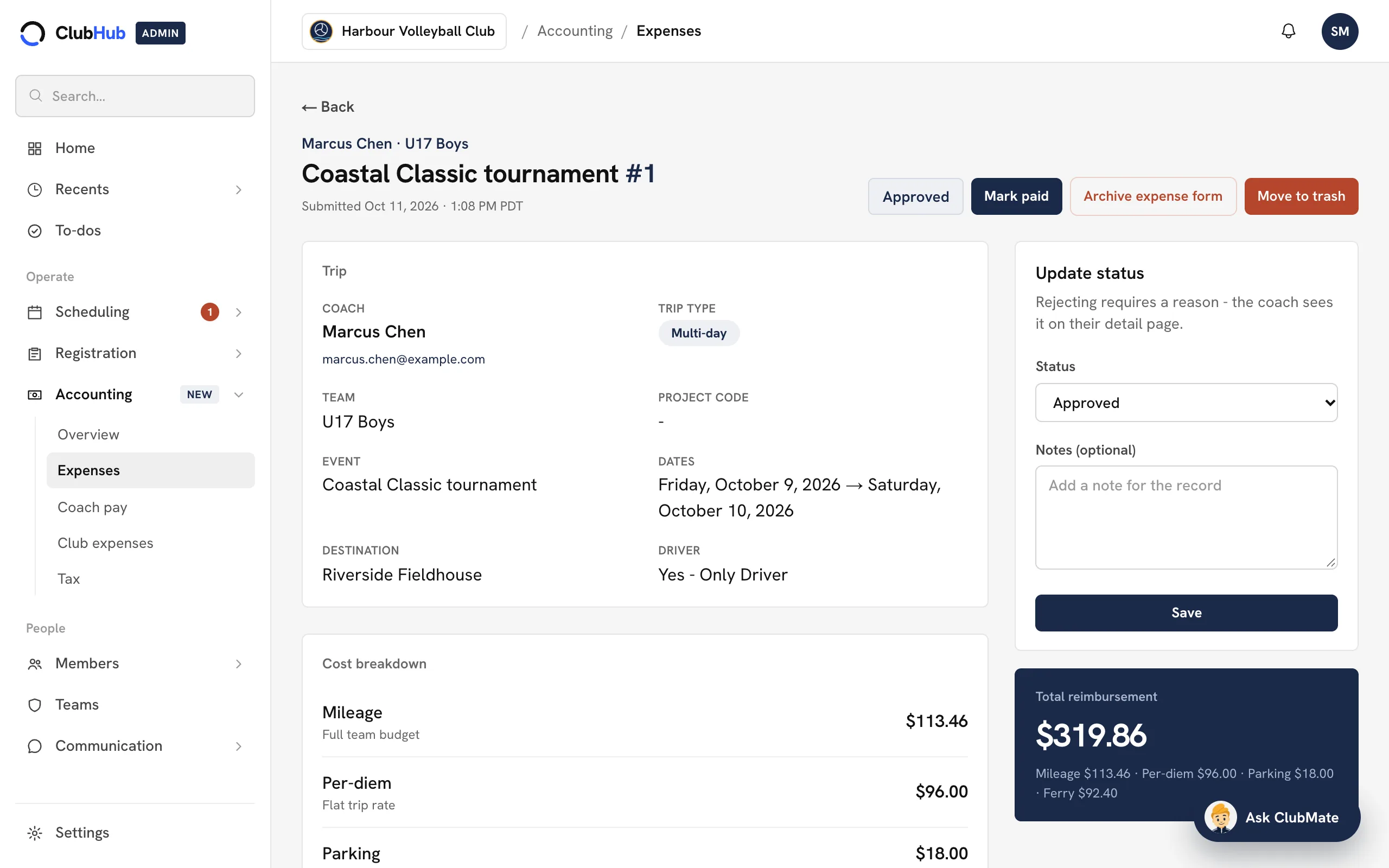 A coach's tournament expense form in the ClubHub console, with its cost breakdown and approval