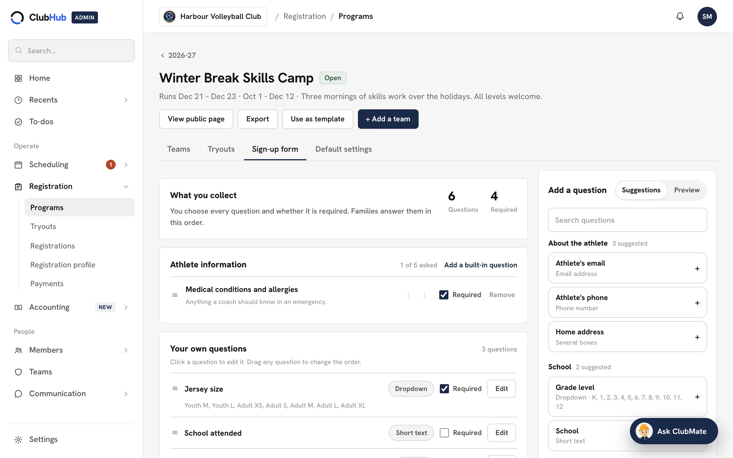 The ClubHub sign-up form builder: the club's own questions, which are required, and suggested questions to add