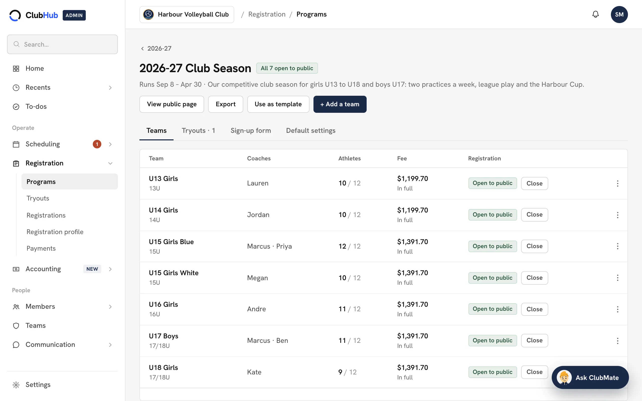 A season program in the ClubHub console: seven teams with their coaches, roster counts and fees, all open to the public