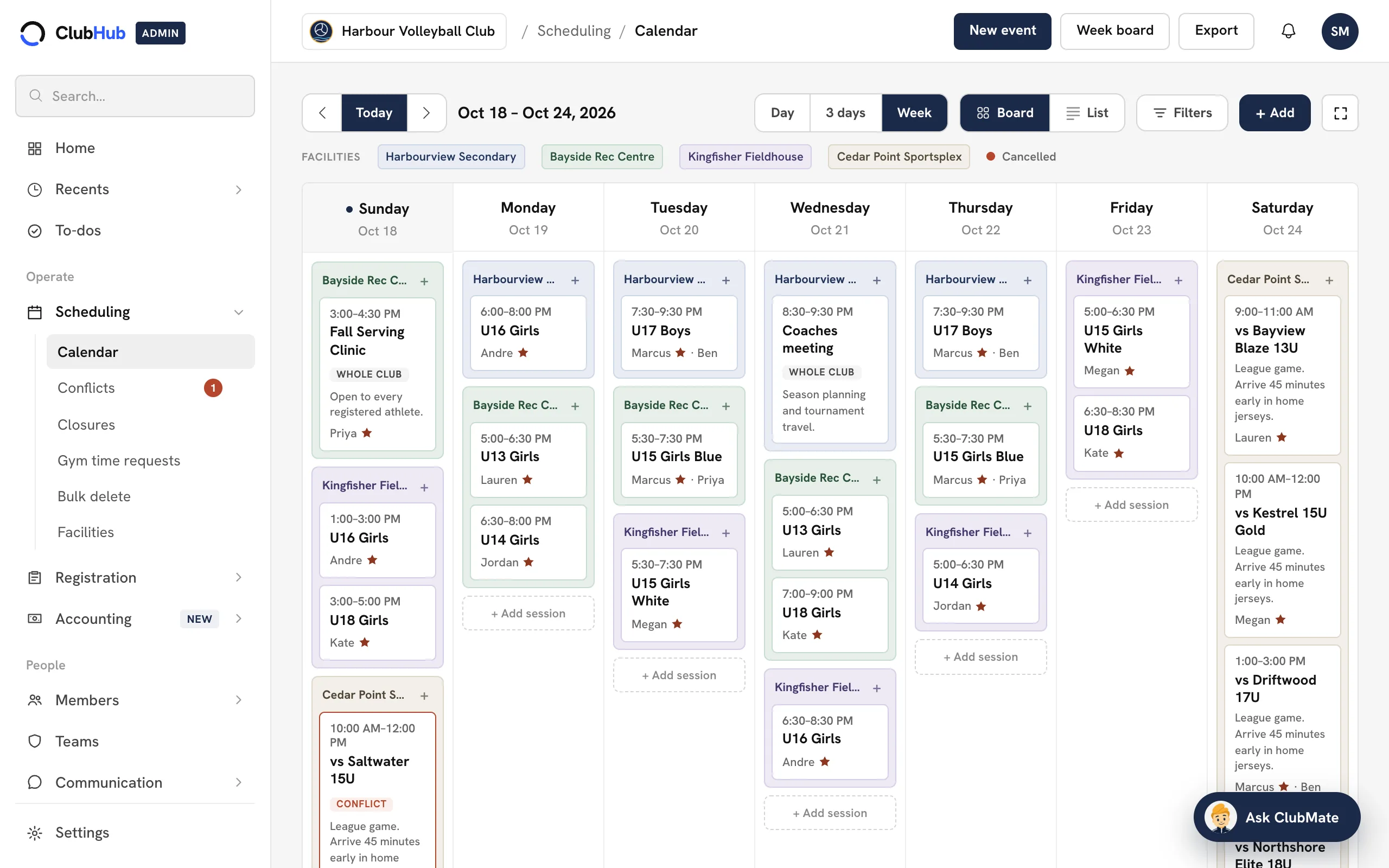 The ClubHub scheduling calendar: a week of practices and games for every team, grouped by facility